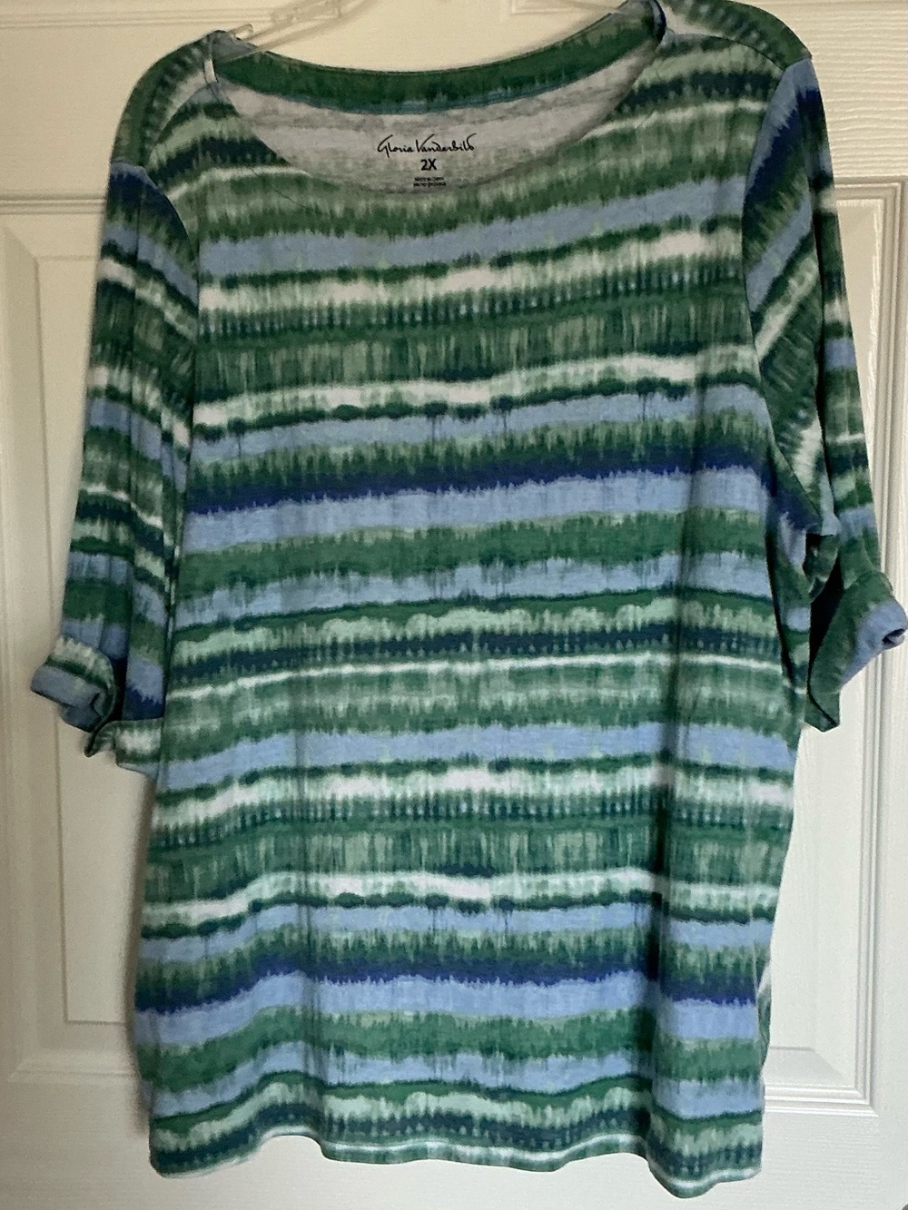 Gloria Vanderbilt 2X Top Women Plus Grenn Blue Striped Roll Tab Sleeve Boho Tee
